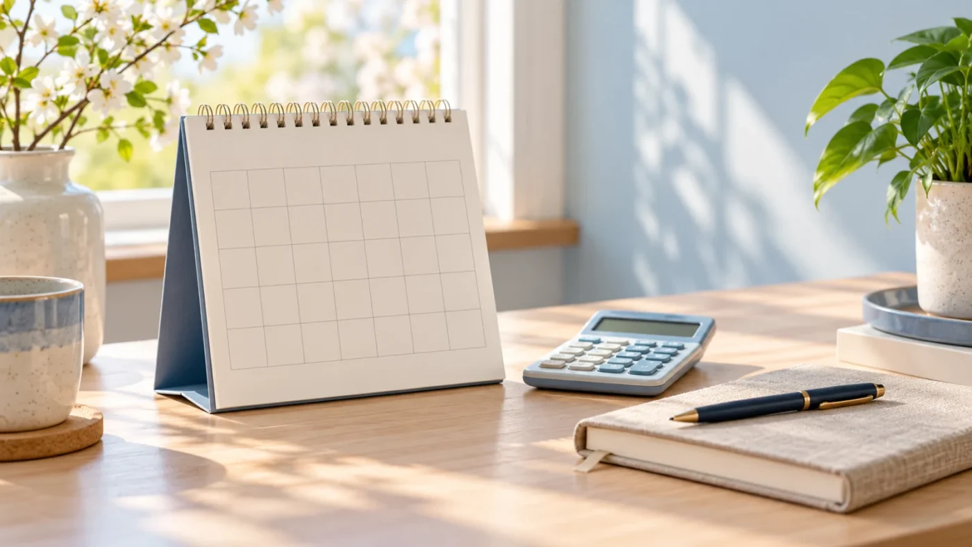 Desk calendar, calculator and notebook illustrating the 60 days from March 3 calculation