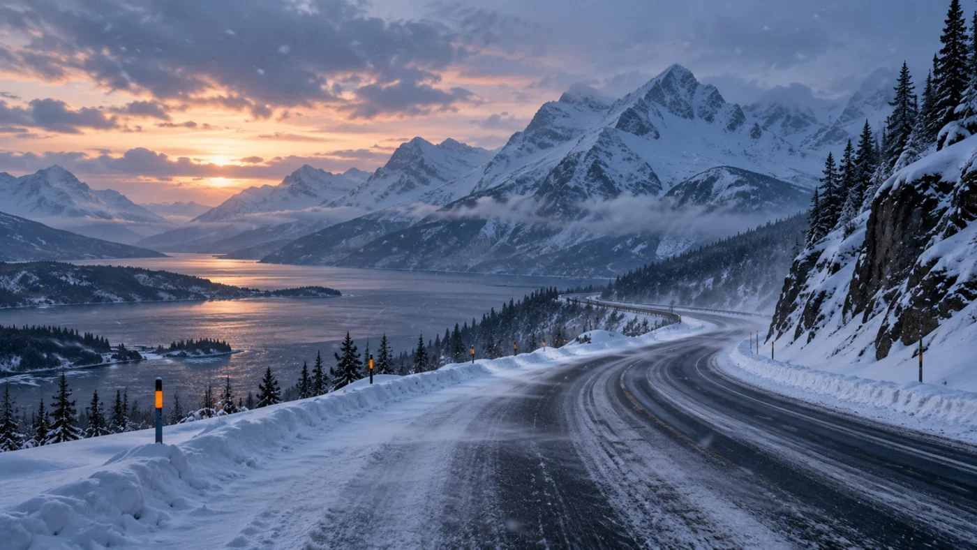 Snow-covered mountain highway illustrating how to check Alaska winter storm alerts along a route