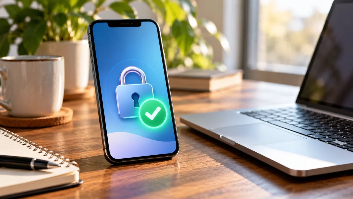 Smartphone with a conceptual security lock and check symbol beside a laptop