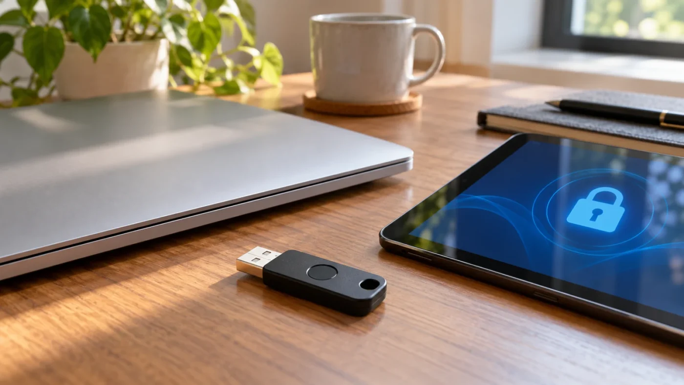 Laptop, USB drive and a tablet with a conceptual blue security lock