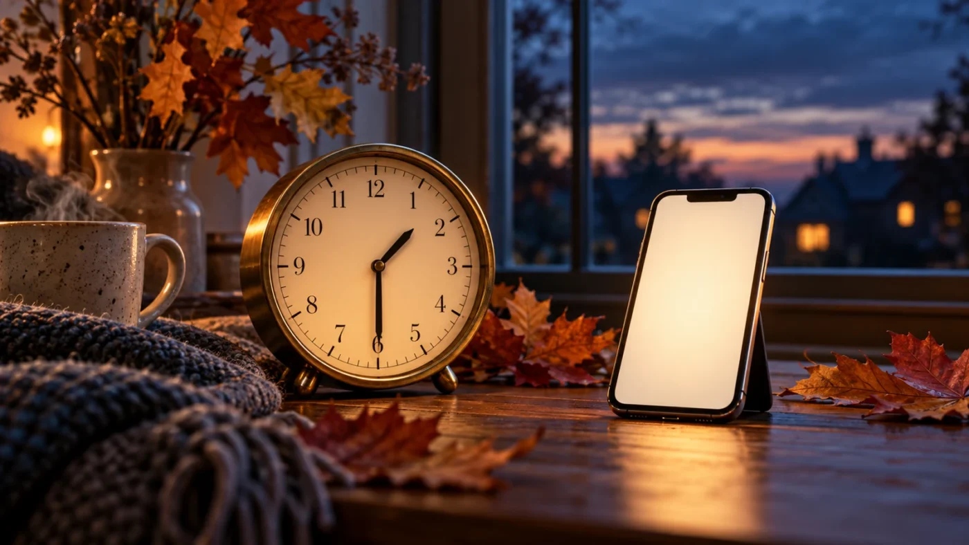 Analog clock and phone beside autumn leaves, illustrating daylight saving time 2026