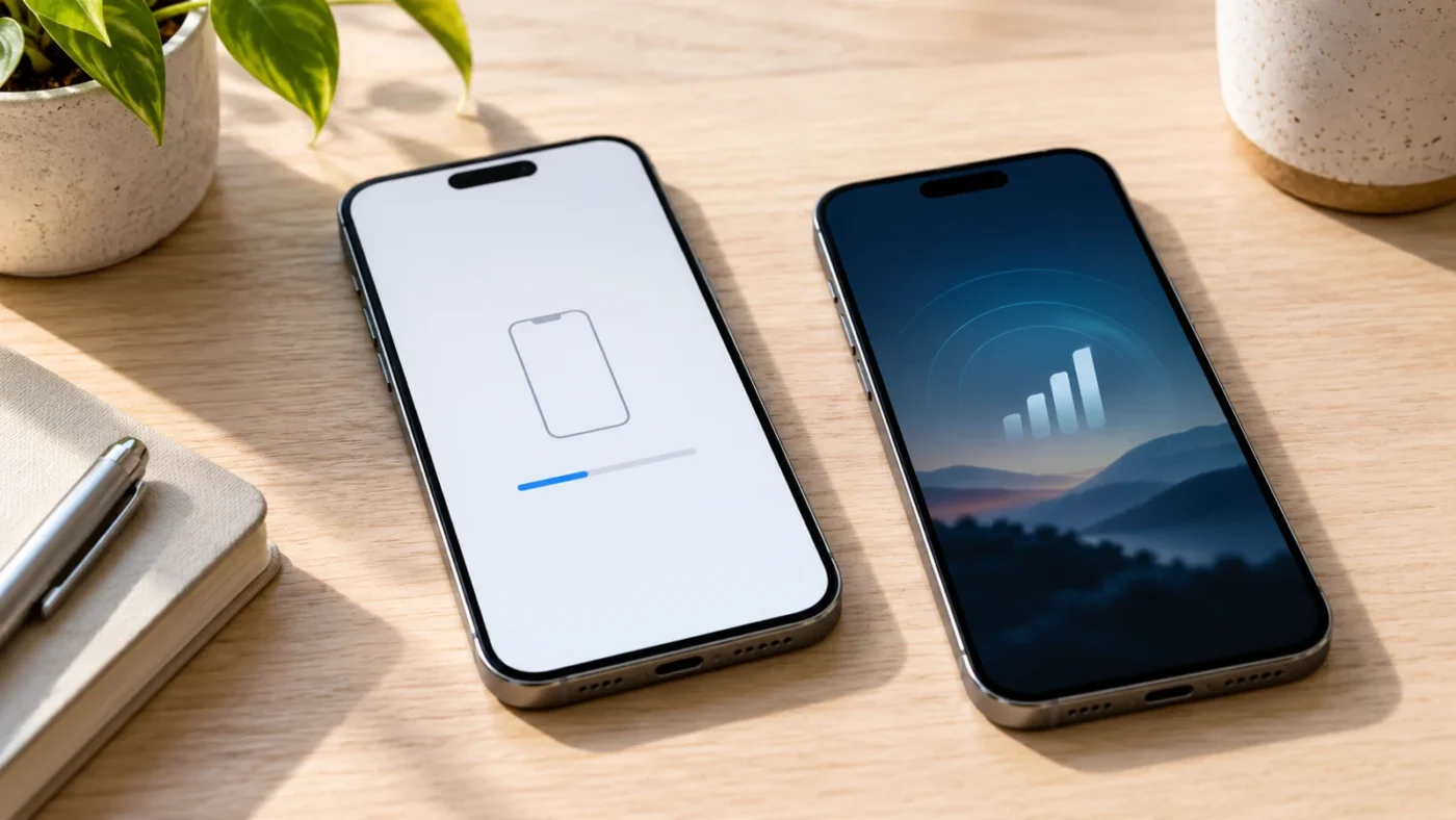 Two smartphones on a desk illustrating an old phone reset and a new cellular activation