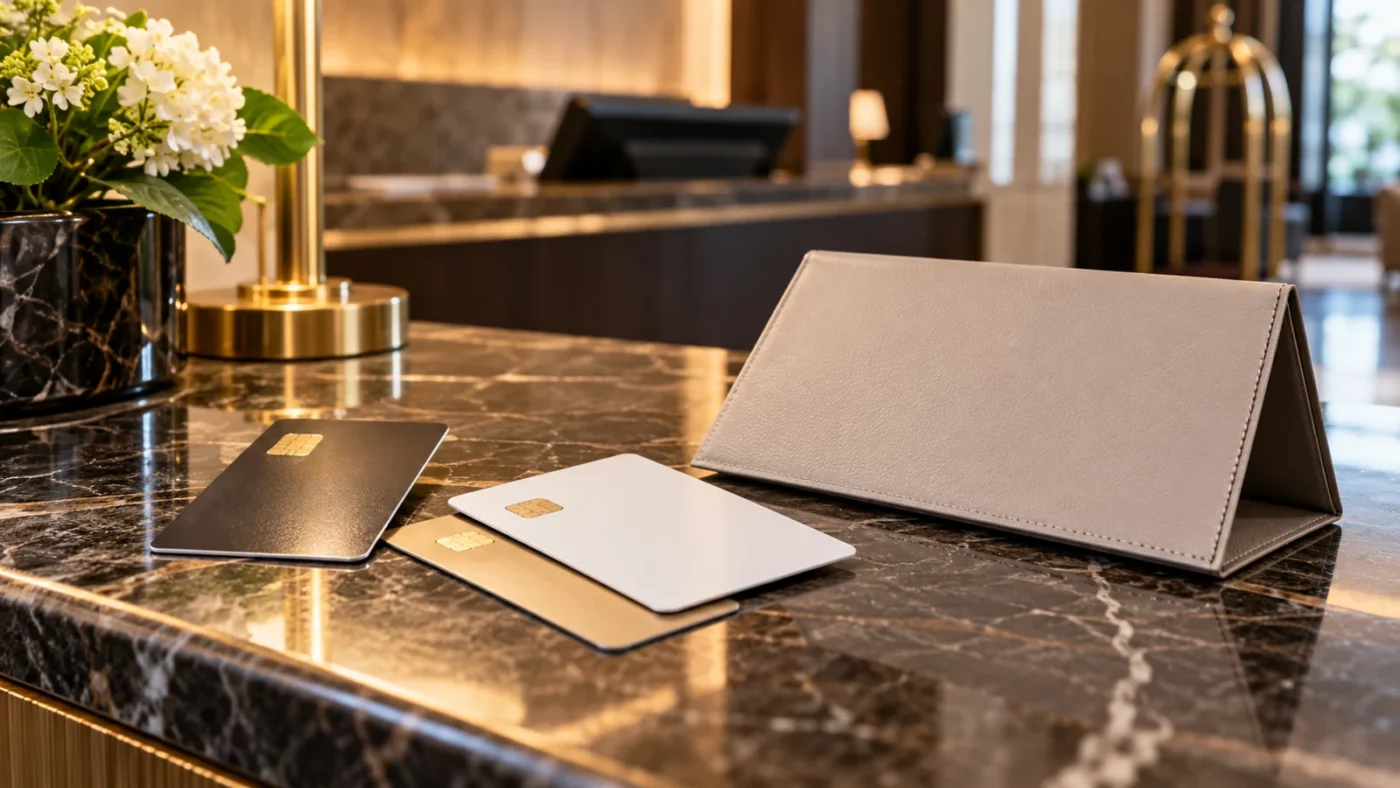 Plain payment cards and a hotel folio holder on a reception counter