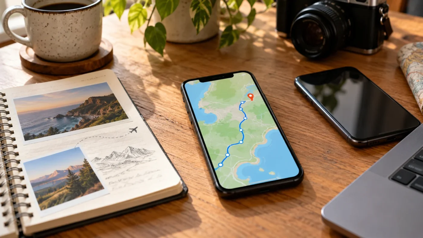 Phone showing a conceptual route map beside a second phone and travel notebook