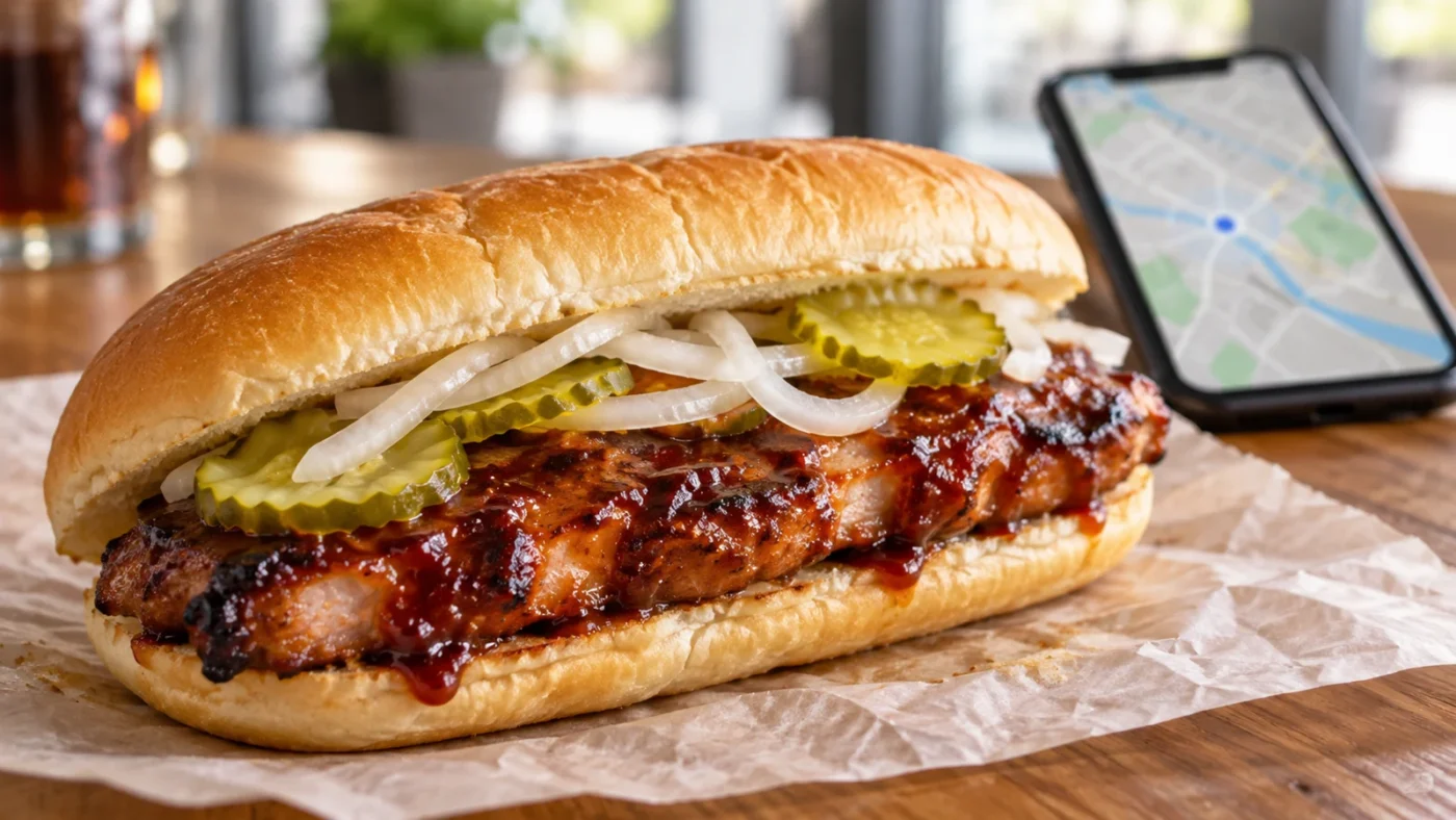 Generic barbecue pork sandwich and phone illustrating McRib 2026 restaurant availability checks