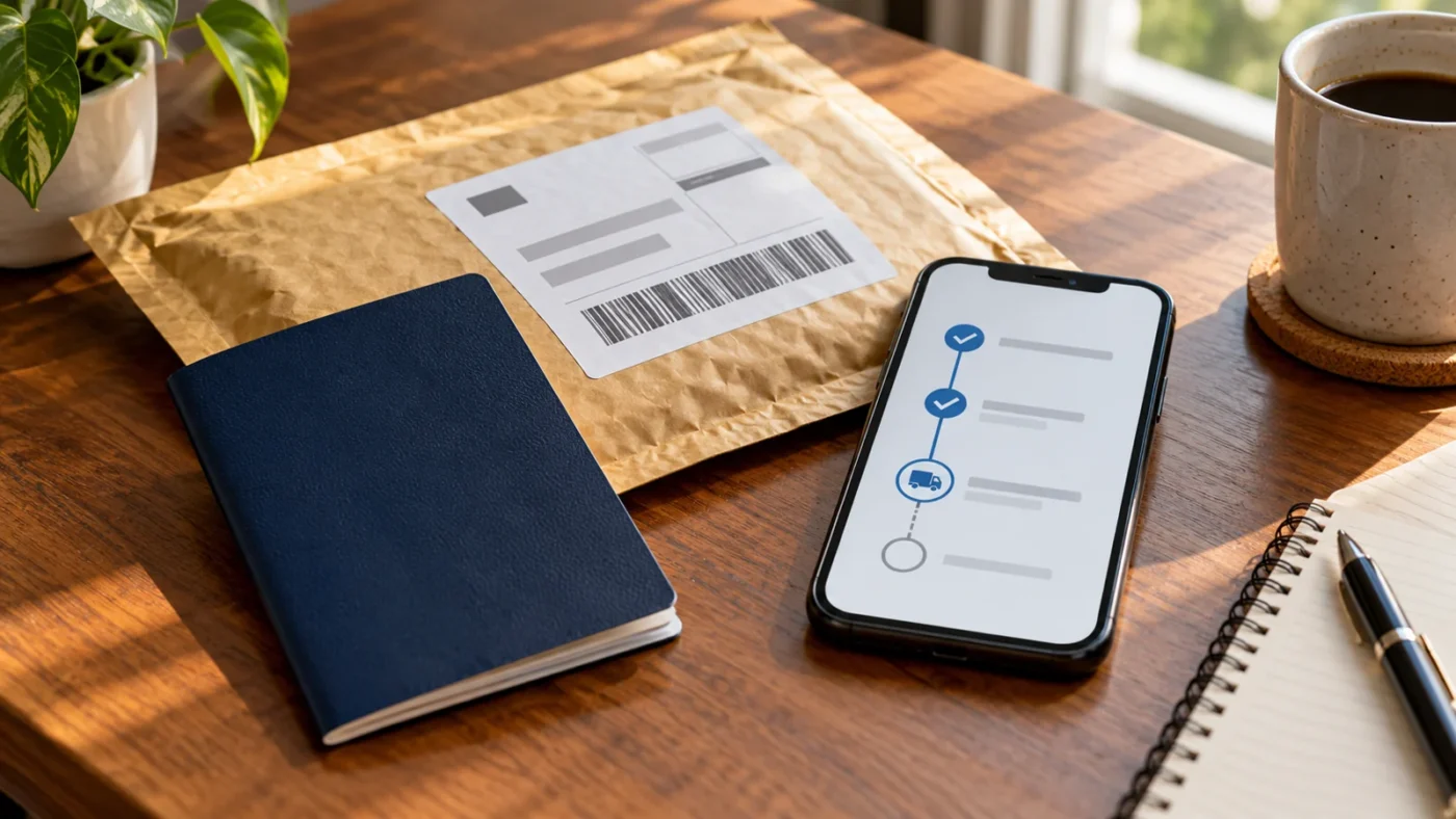 Plain passport-sized booklet, mailing envelope and phone with a conceptual package-tracking diagram