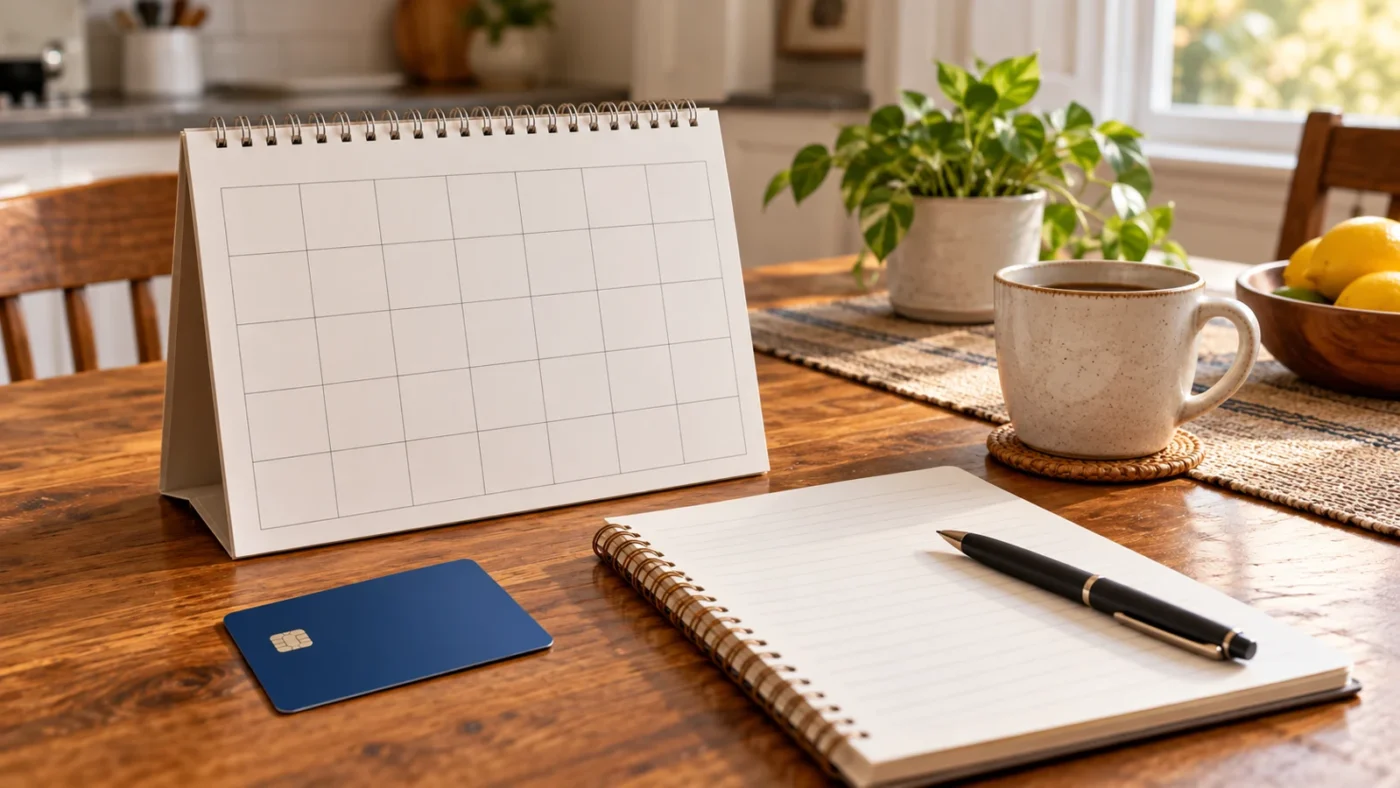 Household calendar, notebook and bank card illustrating the November SSI payment 2026 schedule