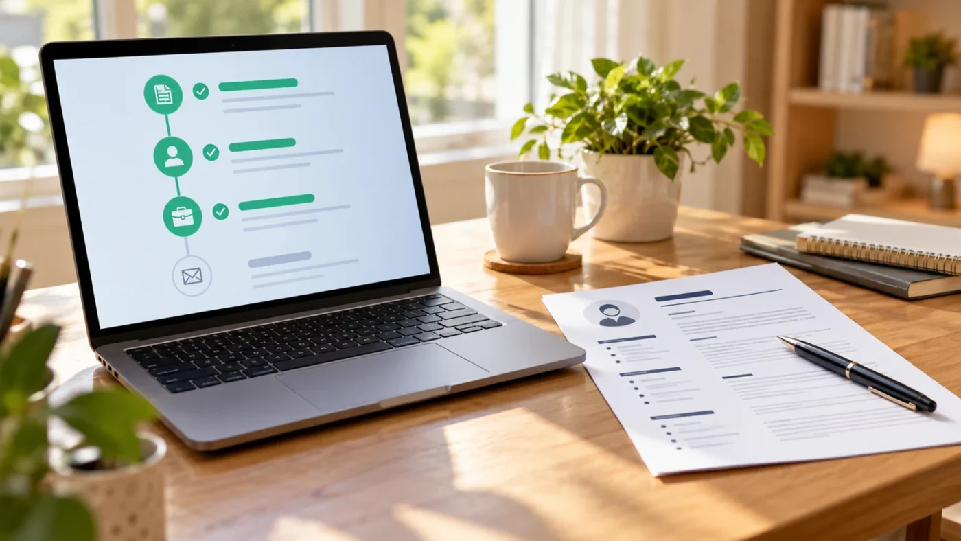 Laptop displaying a conceptual application checklist beside a resume and notebook
