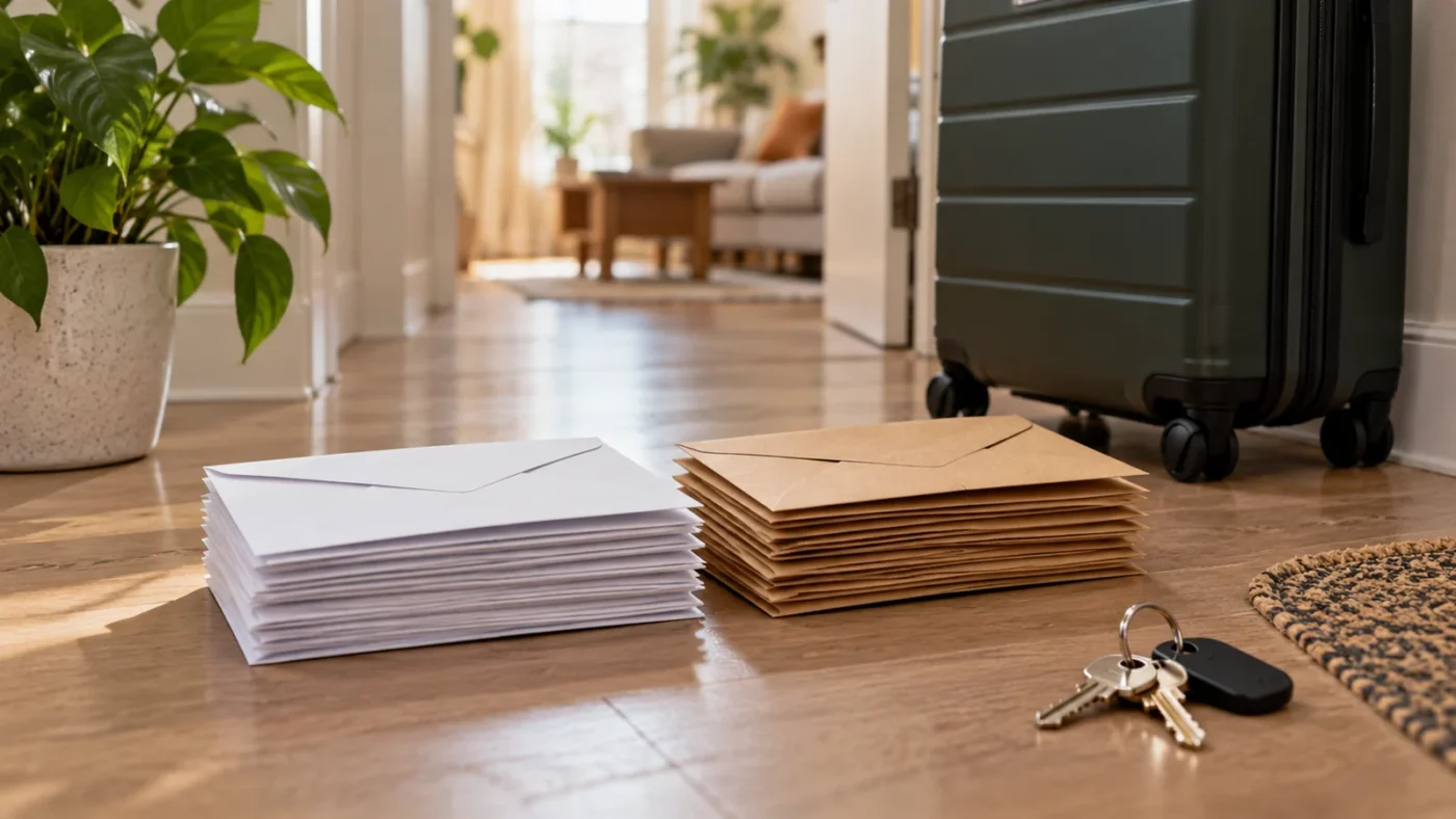 Two stacks of household mail beside a suitcase in a home entryway