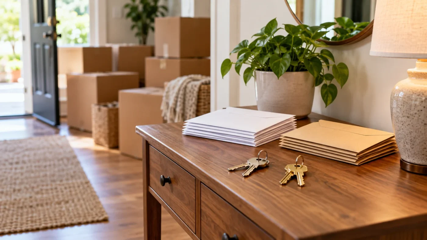 Moving boxes, two sets of keys and separate stacks of mail on a hallway table